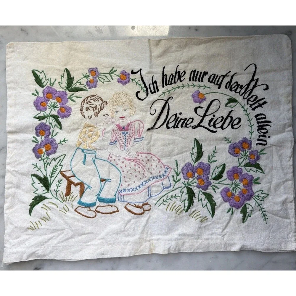 Vintage Hand-Embroidered Pillow Sham Case German Folk Art Flowers Love